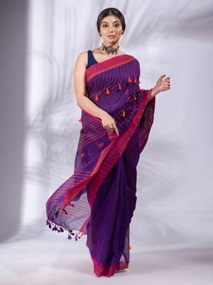 Purple Cotton Blend handwoven soft Saree with pom pom 2