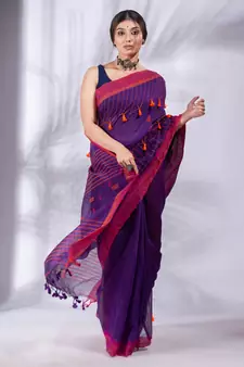 Purple Cotton Blend handwoven soft Saree with pom pom