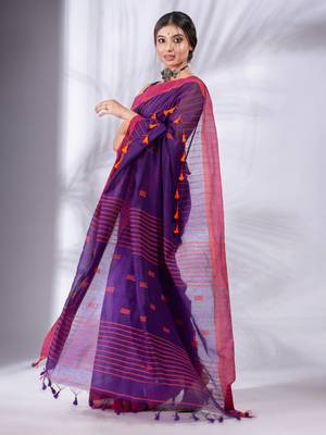 Purple Cotton Blend handwoven soft Saree with pom pom 3