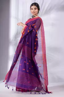 Purple Cotton Blend handwoven soft Saree with pom pom