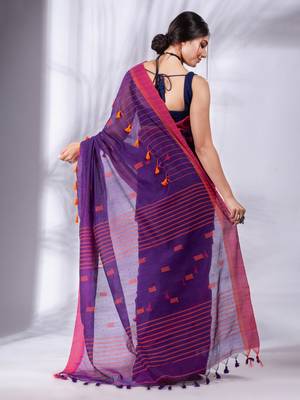 Purple Cotton Blend handwoven soft Saree with pom pom 4