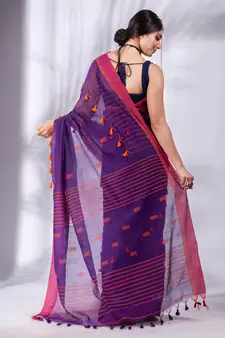 Purple Cotton Blend handwoven soft Saree with pom pom