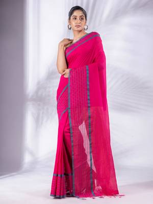 Fuchsia Pure Cotton handwoven soft Saree with zari pallu 1
