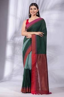 Bottol Green Pure Cotton handwoven soft Saree with zari pallu