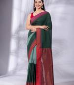 Bottol Green Pure Cotton handwoven soft Saree with zari pallu