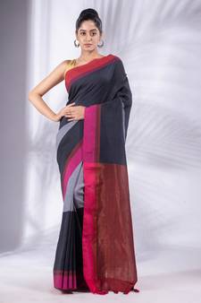 Dark Grey Pure Cotton handwoven soft Saree with zari pallu