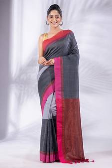 Grey Pure Cotton handwoven soft Saree with zari pallu
