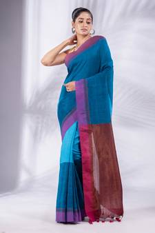 Sapphire Blue Pure Cotton handwoven soft Saree with zari pallu