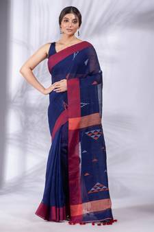 Blue Linen handwoven soft Saree with texture design