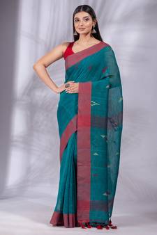 Teal Linen handwoven soft Saree with texture design