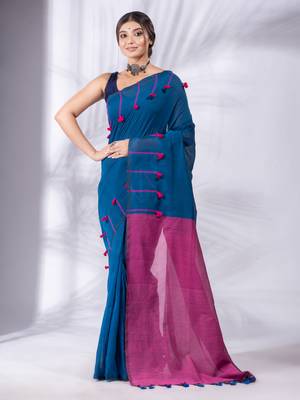 Blue Pure Cotton handwoven soft Saree with pom pom pallu 1