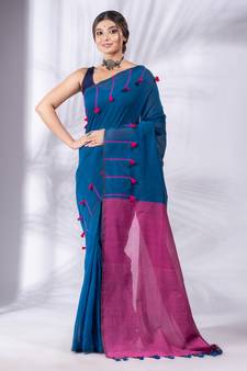 Blue Pure Cotton handwoven soft Saree with pom pom pallu