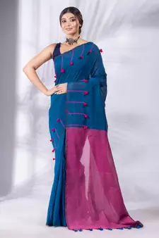 Blue Pure Cotton handwoven soft Saree with pom pom pallu