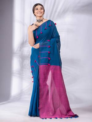 Blue Pure Cotton handwoven soft Saree with pom pom pallu 2