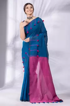 Blue Pure Cotton handwoven soft Saree with pom pom pallu