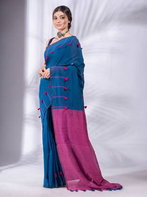 Blue Pure Cotton handwoven soft Saree with pom pom pallu 3