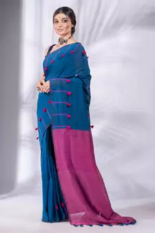 Blue Pure Cotton handwoven soft Saree with pom pom pallu