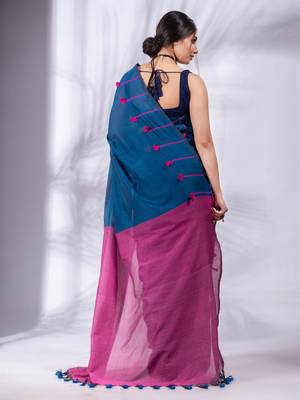 Blue Pure Cotton handwoven soft Saree with pom pom pallu 4