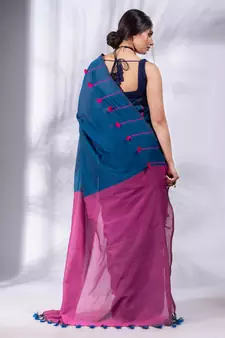 Blue Pure Cotton handwoven soft Saree with pom pom pallu