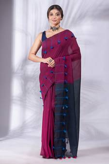 Magenta Pure Cotton handwoven soft Saree with pom pom pallu