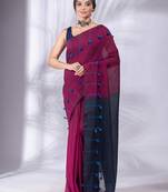 Magenta Pure Cotton handwoven soft Saree with pom pom pallu