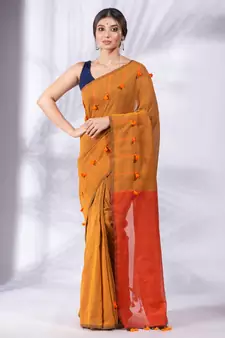 Mustard Pure Cotton handwoven soft Saree with pom pom pallu