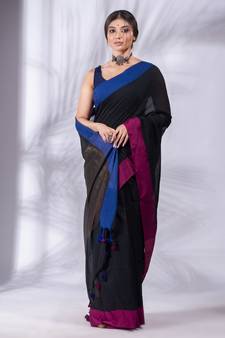 Black Pure Cotton handwoven soft Saree with zari pallu