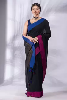 Black Pure Cotton handwoven soft Saree with zari pallu