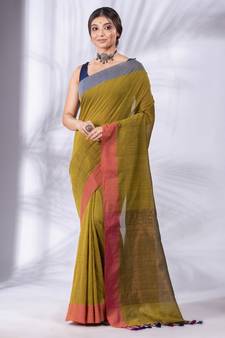 Green Pure Cotton handwoven soft Saree with zari pallu
