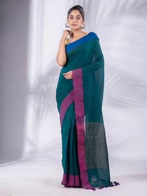 Teal Pure Cotton handwoven soft Saree with zari pallu 1
