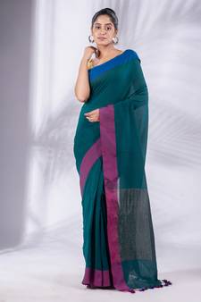 Teal Pure Cotton handwoven soft Saree with zari pallu