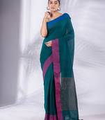 Teal Pure Cotton handwoven soft Saree with zari pallu