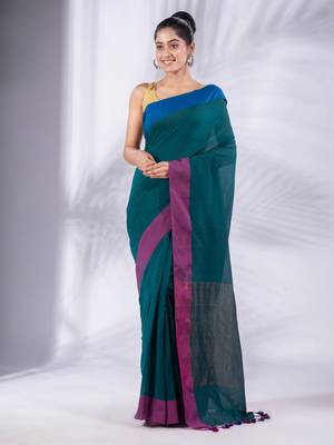 Teal Pure Cotton handwoven soft Saree with zari pallu 2