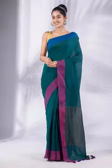 Teal Pure Cotton handwoven soft Saree with zari pallu