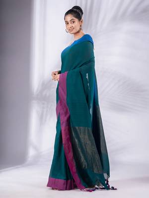 Teal Pure Cotton handwoven soft Saree with zari pallu 3
