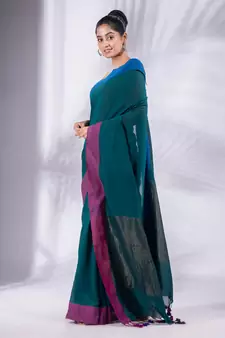 Teal Pure Cotton handwoven soft Saree with zari pallu