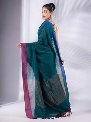 Teal Pure Cotton handwoven soft Saree with zari pallu 4