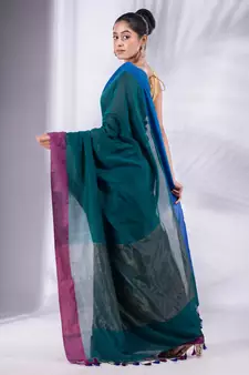 Teal Pure Cotton handwoven soft Saree with zari pallu