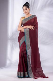 Maroon Pure Cotton handwoven soft Saree with zari border