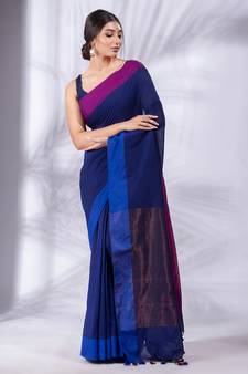 Royal Blue Pure Cotton handwoven soft Saree with zari pallu