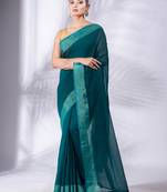 Teal Pure Cotton handwoven soft Saree with zari border