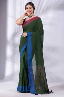 Green Pure Cotton handwoven soft Saree with zari border