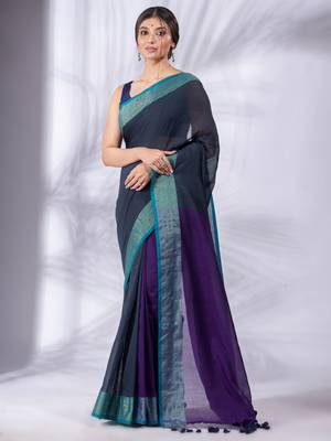 Grey and Purple Half & Half Pure Cotton handwoven soft Saree with zari border 1