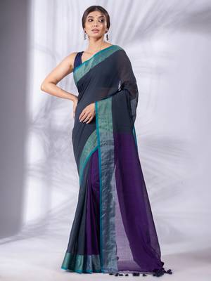 Grey and Purple Half & Half Pure Cotton handwoven soft Saree with zari border 2