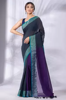 Grey and Purple Half & Half Pure Cotton handwoven soft Saree with zari border