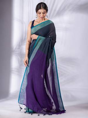 Grey and Purple Half & Half Pure Cotton handwoven soft Saree with zari border 3