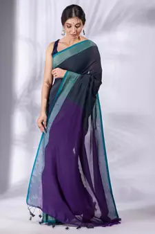 Grey and Purple Half & Half Pure Cotton handwoven soft Saree with zari border