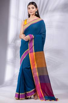 Sapphire Blue Pure Cotton handwoven soft Saree with multicolor pallu
