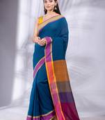 Sapphire Blue Pure Cotton handwoven soft Saree with multicolor pallu