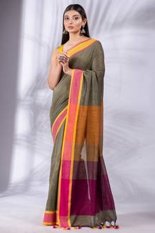 Beige Pure Cotton Woven Design soft Saree with multicolor pallu